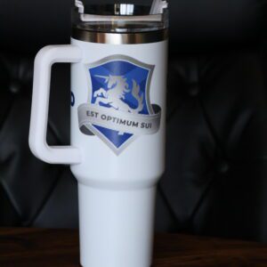 EDU INC: thermal mug- Blue Edu Inc badge on white mug