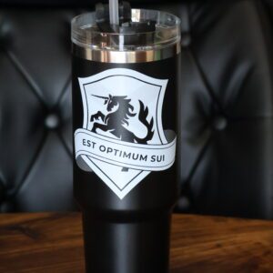 EDU INC: thermal mug- white Edu Inc badge on black mug
