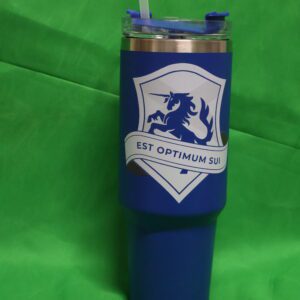 EDU INC: thermal mug- white Edu Inc badge on blue mug